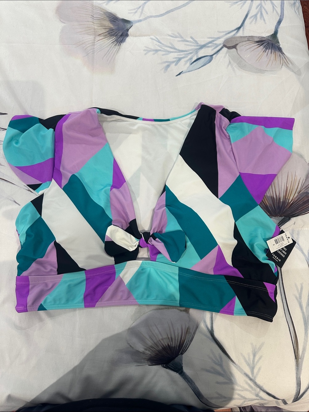 torrid Purple Teal White Geometric Knot-Front Swim Crop Top
